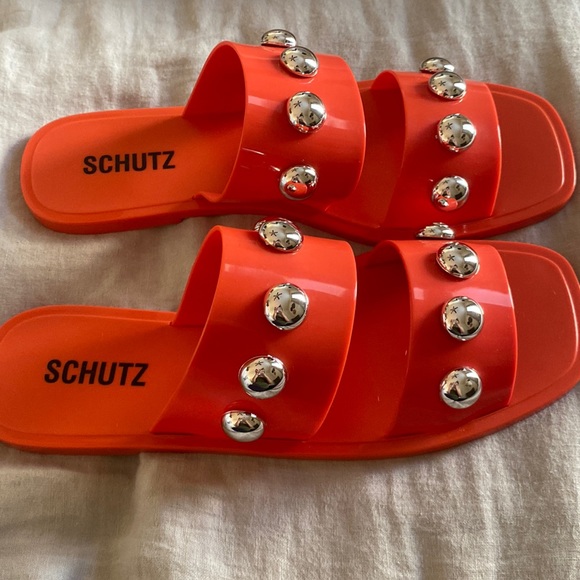 SCHUTZ Square Toe Lizzie Slide Studded Sandals Orange Silver Jelly Rubber New 10 - Picture 4 of 9
